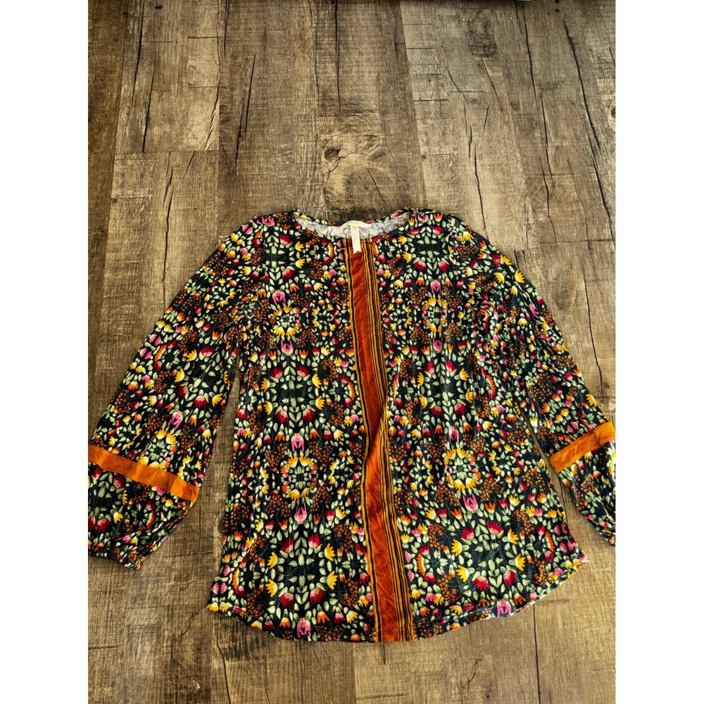 Matilda Jane Floral Velvet Trim Tunic Top Womens XS Long Sleeve Boho Blouse